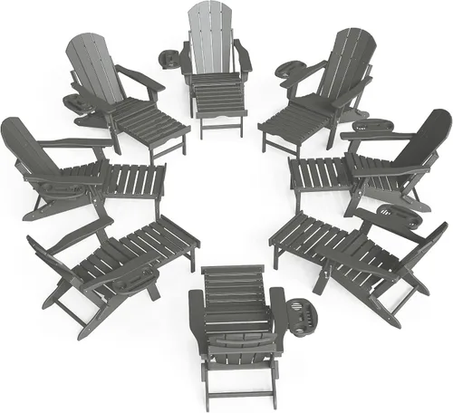 Miniatura 17 de FOOWIN Silla Adirondack plegable ajustable con otomana retráctil, silla Adirondack de polietileno de alta densidad con bandejas 4 en 1, resistente a
