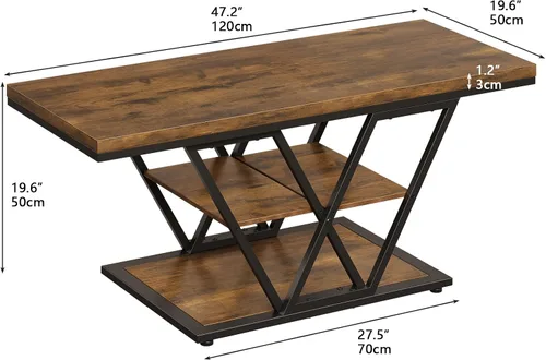 Miniatura 2 de Espelism Mesa de centro industrial con almacenamiento de 3 niveles para sala de estar, mesa rectangular de madera para cóctel, mesa de té rústica