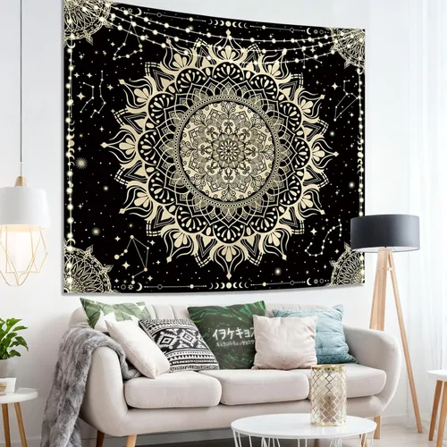 Miniatura 8 de Apdidl Tapiz bohemio de mandala negro para estética de dormitorio, decoración hippie, astrología espacial, arte de pared, tapices de techo, manta