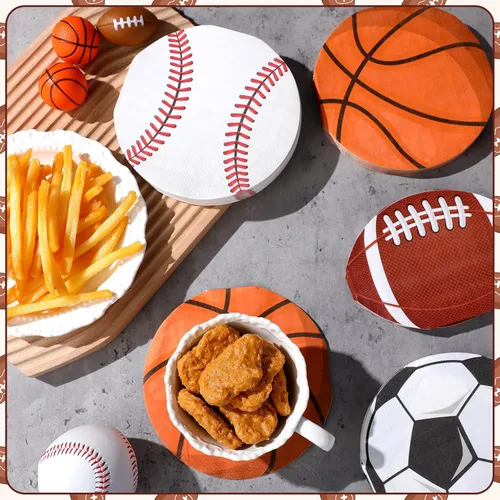 Miniatura 4 de Honoson 100 servilletas de baloncesto para fiestas de cumpleaños, suministros de fútbol, baloncesto, béisbol, fútbol, papel desechable, cóctel