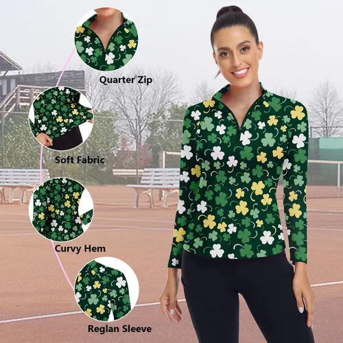 Miniatura 198 de WOWENY Camiseta deportiva de manga larga para mujer, con cremallera de un cuarto, cuello para entrenamiento, camiseta de tenis con estampado