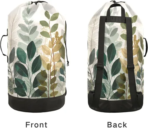 Miniatura 4 de Mochila de lavandería con hojas de estilo bohemio beige con correas ajustables para el hombro, bolsa de lavandería sucia para viajes, campamento