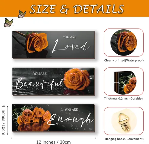 Miniatura 4 de ZINYAZHE 3 piezas de decoración de pared naranja inspiradoras rosas naranjas decoración de baño, arte de pared de madera, citas positivas You Are