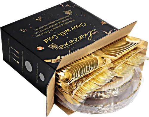 Miniatura 8 de Liacere 150 platos de plástico dorado transparente, cubiertos de plástico desechables con mango de bambú con purpurina, platos desechables barrocos
