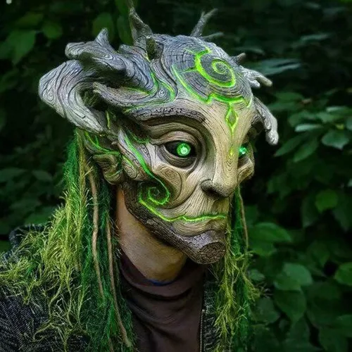 Miniatura 2 de CAFELE Máscara LED de elfo del espíritu del bosque con tocado, máscara de látex realista para mascarada, disfraces de Halloween, cosplay, accesorios