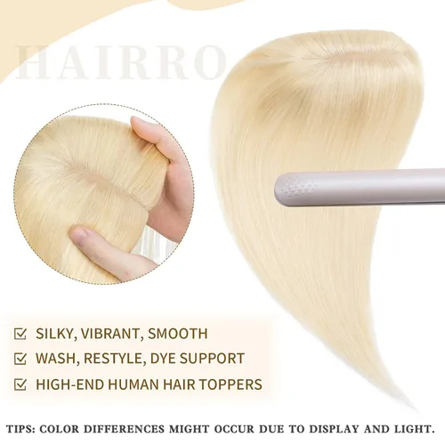 Miniatura 2 de Hairro Toppers de cabello humano 100% real para mujeres sin flequillo, postizos de cabello real con clip, base de seda transpirable para cubrir