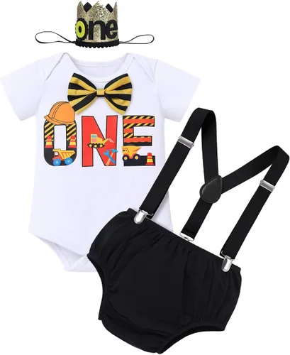 Miniatura 8 de IMEKIS Conjunto de ropa para bebé niño con estampado de pastel de 1er cumpleaños con corbatín + tirantes + pantalones cortos + corona de baloncesto