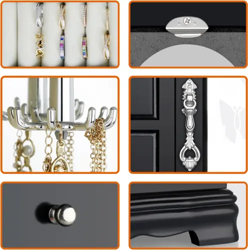 Miniatura 4 de RR ROUND RICH DESIGN Joyero Hecho de madera maciza con 4 cajones organizador y carrusel de collar integrado y espejo grande negro