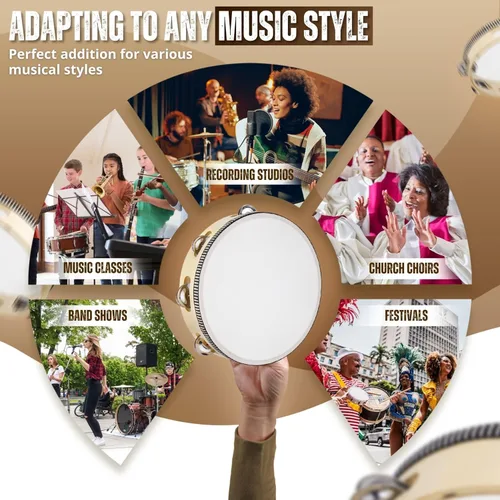 Miniatura 7 de Flexzion Pandereta redonda de madera para niños y adultos de 8" pulgadas, 8 pares de jingles de fila única, instrumento de percusión de mano de Una