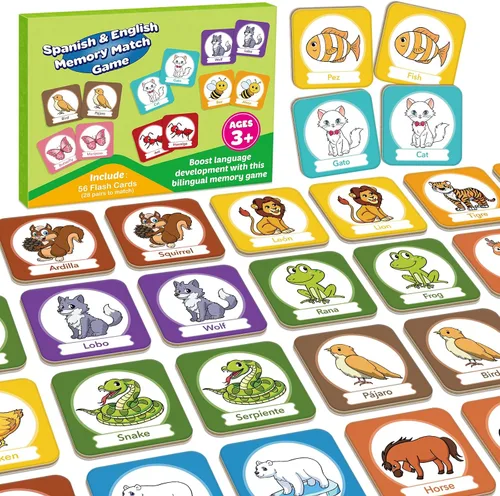 Miniatura 8 de Edulok Juego de tarjetas de memoria, juego de partidos para niños pequeños, aprender español para niños, tarjetas flash bilingües, juguetes