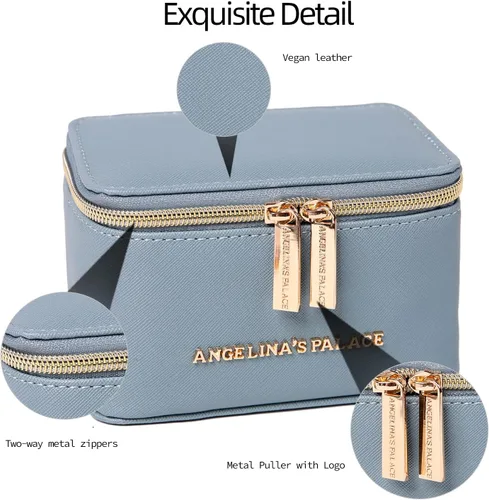 Miniatura 2 de Angelinas Palace Estuche organizador de joyas regalos de dama de honor bolsa de viaje caja de cuero vegano para collar aretes pulsera anillo azul