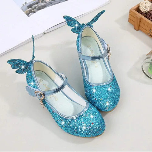 Miniatura 2 de Zapatos brillantes de mariposa Mary Jane para niñas y niñas, zapatos de fiesta de boda con purpurina para damas de honor, tacones bajos, zapatos