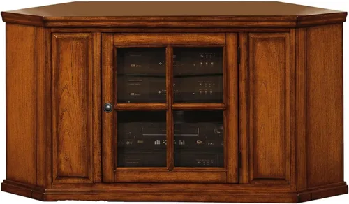 Miniatura 10 de Leick Home 80385 Soporte de TV de esquina de tres puertas de vidrio con plomo con almacenamiento cerrado para televisores de 50 pulgadas, roble