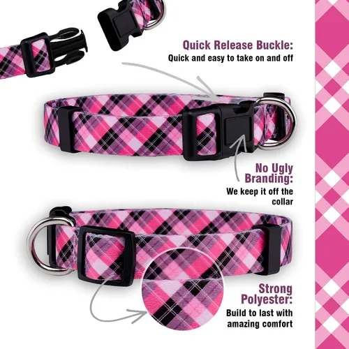 Miniatura 4 de Native Pup Collar de perro a cuadros, leñador rojo, tartán, azul, rosa, ajustable para perros grandes y pequeños (rosa, pequeño)