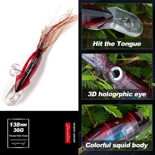 Miniatura 5 de Wondersee Kit de Señuelos de Pesca de Calamar Suaves y Duros Swimbait Crankbait Jig de Simulación Pesado Holográfico 4 PCS Rojo y Negro