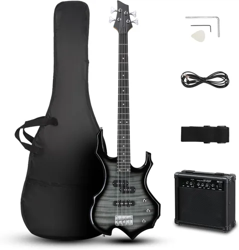 Miniatura 11 de Ktaxon Juego de bajo eléctrico de tamaño completo con diseño de llama con amplificador de 20 W, bolsa de bajo portátil, cable de amplificador Negro