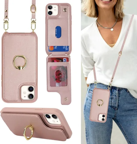 Miniatura 19 de Lipvina Funda para iPhone 13 Mini con tarjetero y correa para mujer, cordón cruzado, soporte de anillo con soporte, cierre a presión, bloqueo RFID