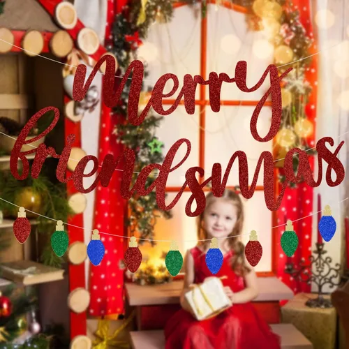 Miniatura 5 de Guirnalda de bombillas rojas con purpurina con texto en inglés "Merry Friendsmas", decoraciones de fiesta temática de amigos, decoración de Navidad