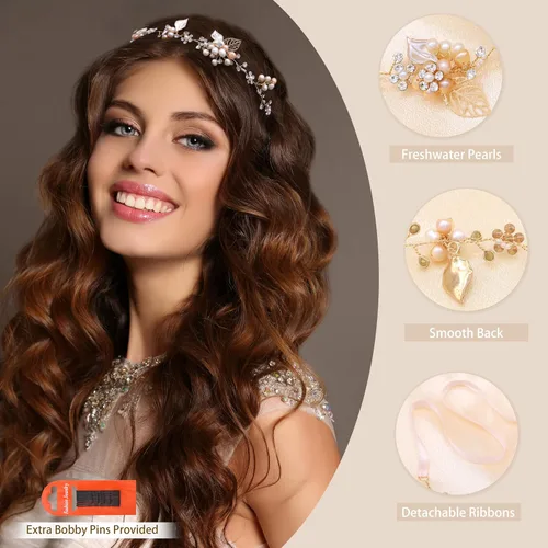 Miniatura 3 de Oriamour Diadema de cristal nupcial con perlas de agua dulce Diseño de flores Accesorios para el cabello de boda (dorado)