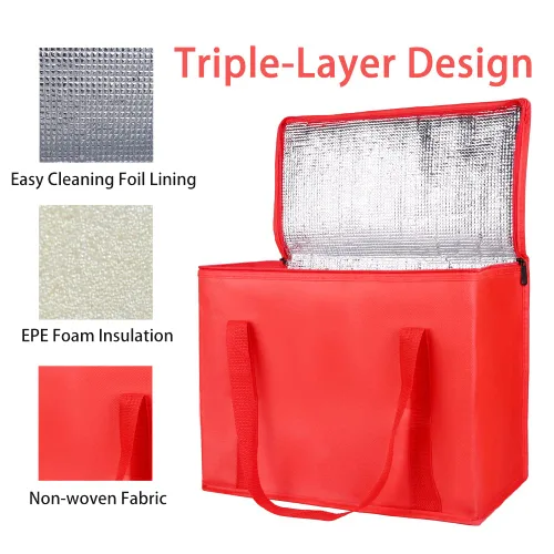 Miniatura 5 de Bodaon - Paquete de 1 bolsa de compras reutilizable y aislada para comestibles, tamaño XL, bolsa térmica para picnic con cierre superior, para Rojo