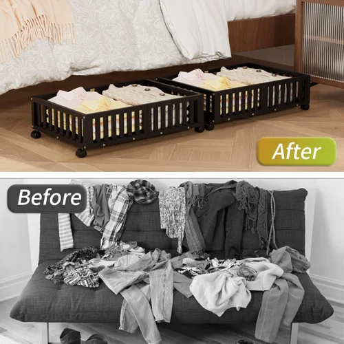 Miniatura 6 de Almacenamiento de bambú debajo de la cama con ruedas, caja organizadora de zapatos rodante debajo de la cama para zapatos, mantas, juguetes