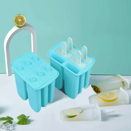 Miniatura 7 de Moldes de silicona para paletas con palillos, 6 cavidades, molde para helado con cepillo limpio, 6 palitos reutilizables, 50 palitos, 50 bolsas, Azul