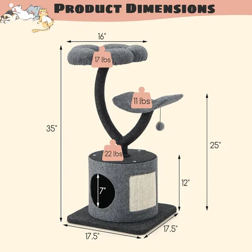 Miniatura 4 de Tangkula Árbol para gatos de interior, torre pequeña para gatos de 35 pulgadas con marco de soporte de metal curvo, tabla de rascar de sisal, 2