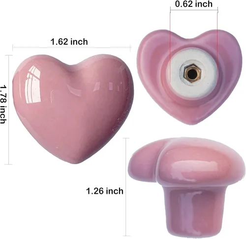 Miniatura 4 de Pomos de cerámica para cajones en forma de corazón, tiradores de armario con tornillos de 3 tamaños, pomos para muebles de cocina para armario, Rosa