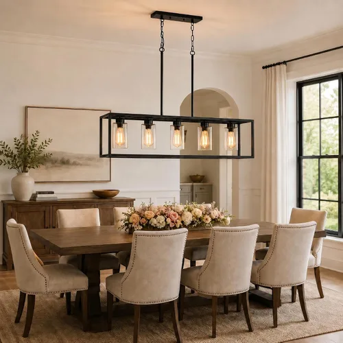 Miniatura 7 de Lámpara de comedor negra de 5 luces, candelabros modernos de granja, iluminación rectangular lineal para isla de cocina, iluminación colgante