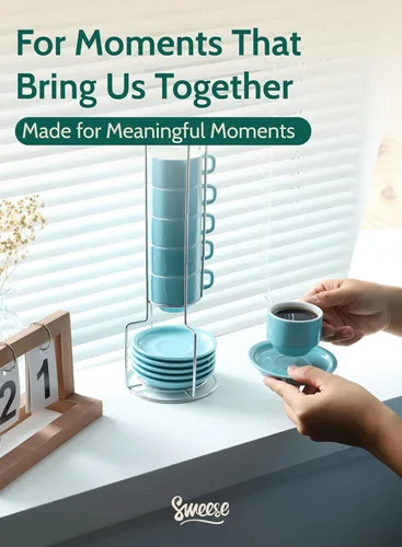 Miniatura 6 de Sweese - Juego de 4 tazas de porcelana apilables de 2.5 onzas para café expreso, con platillos y soporte de metal, color turquesa