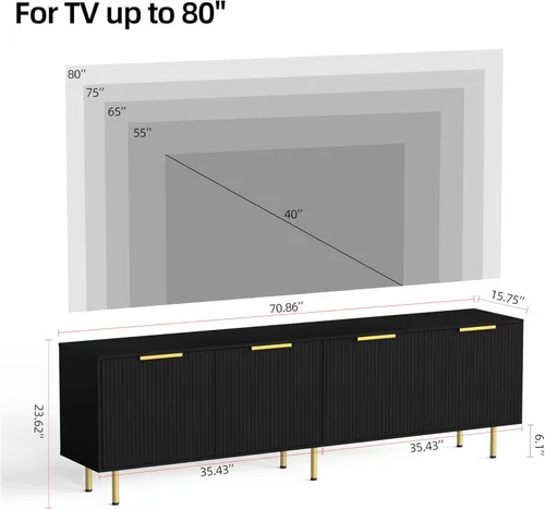Miniatura 3 de Soporte de TV para TV de 80 pulgadas, soporte de TV acanalado para sala de estar, soporte de TV moderno de mediados de siglo con estante ajustable