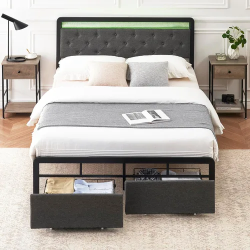 Miniatura 3 de Base de cama Queen con 2 cajones de almacenamiento, cabecera capitonada con botones y luces LED, cama de plataforma tapizada con almacenamiento