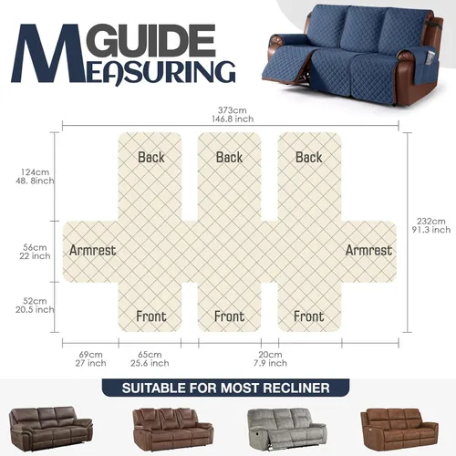 Miniatura 7 de KinCam - Funda de sofá reclinable impermeable, fundas de sofá reclinable antideslizantes para 3 asientos, protector de muebles de sofá reclinable