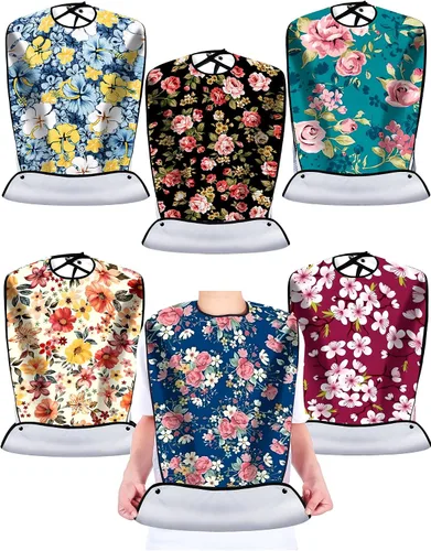 Miniatura 10 de Eurzom Paquete de 6 baberos para adultos para mujeres y hombres mayores, baberos reutilizables para adultos para comer con recogedor de migas