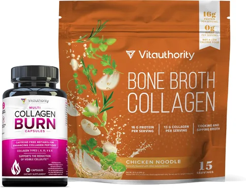 Vitauthority Cápsulas de quemaduras de colágeno múltiples: péptidos de proteína hidrolizados con ácido hialurónico y caldo de huesos con colágeno