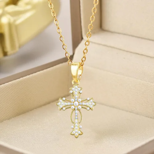 Miniatura 7 de 30 dijes de cruz de perlas de diamantes de imitación de aleación de circonita cúbica para bricolaje, collares, aretes, joyería de Pascua