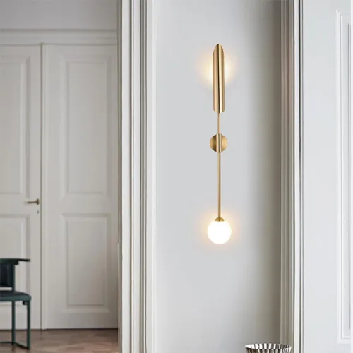 Miniatura 5 de Lámpara de pared de globo de vidrio blanco, lámpara de pared dorada de mediados de siglo, moderna de poste largo, lámpara minimalista de montaje
