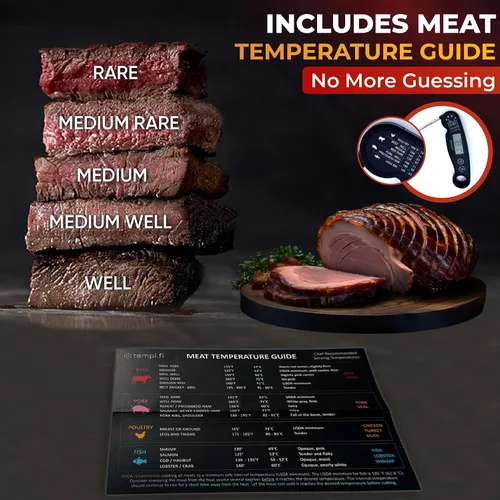 Miniatura 4 de Termómetro para carne Ultrarápido e impermeable Retroiluminación brillante y sonda de grado alimenticio Apagado automático Incluye tabla