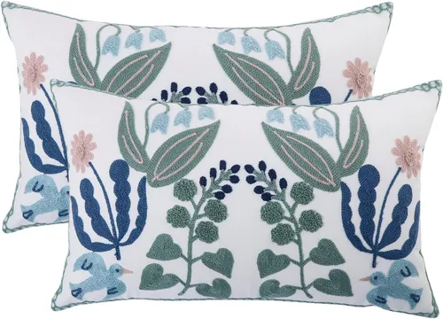 Miniatura 16 de Juego de 2 fundas de almohada bordadas de 16 x 16 pulgadas, diseño vintage de pájaros con flores, fundas de almohada de granja para almohada, fundas