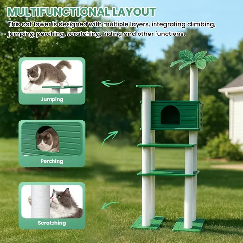 Miniatura 2 de Torre de árbol para gatos de 70 pulgadas de alto, resistente a la intemperie, multinivel, condominio grande para gatos con tablero de PVC y postes