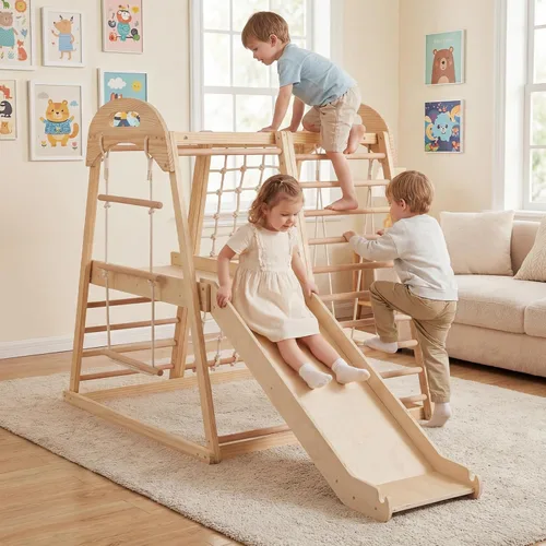 Miniatura 9 de OLAKIDS Gimnasio interior de la selva, 8 en 1 de madera Montessori juguetes de escalada para niños pequeños con rampa ajustable deslizante, escalera