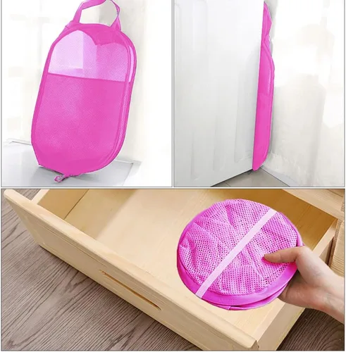 Miniatura 3 de Larpur Paquete de 2 cestas plegables para lavandería, plegable, portátil, de malla, con asas de transporte reforzadas (rosa)