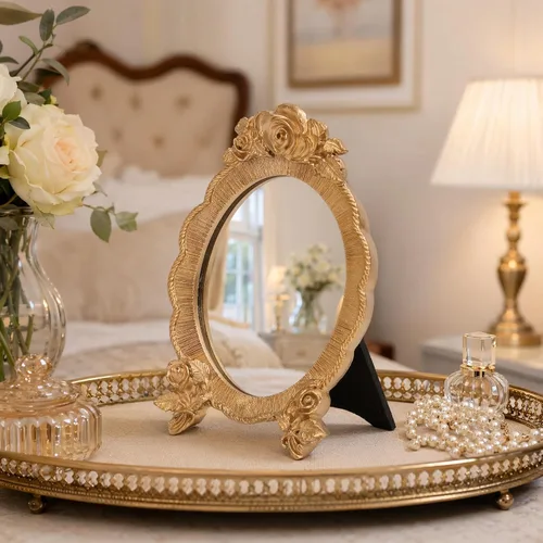 Miniatura 5 de HEALLILY Espejo de maquillaje ovalado de resina, portátil, estilo europeo, espejo cosmético de mano con marco de alivio de rosas, ligero