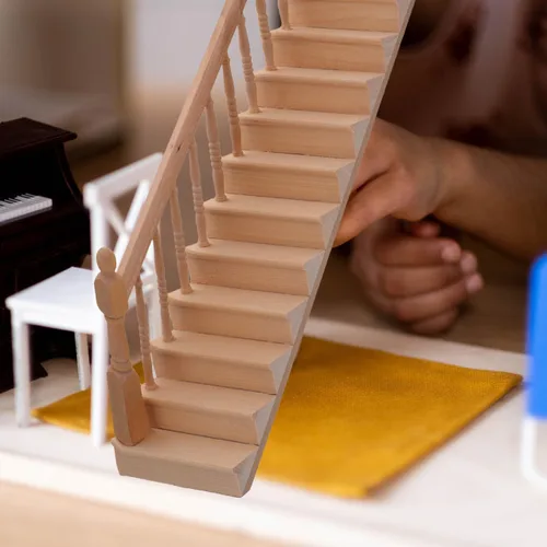 Miniatura 6 de DOITOOL Escalera en miniatura de 12 escalas con pasamanos izquierdos, sin pintar, accesorio de muebles de casa de muñecas de madera para bricolaje