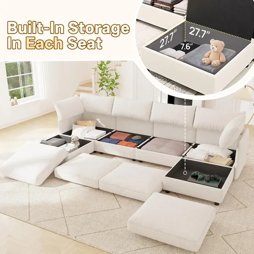 Miniatura 3 de 95.5" Sofá seccional modular de chenilla con almacenamiento oculto, sofá cama convertible en forma de L y U, sofá seccional moderno de 6 plazas