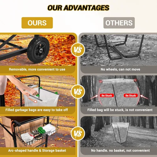 Miniatura 4 de CAROD Carrito de bolsa de basura mejorado con cesta de almacenamiento y mango ergonómico, soporte ajustable para bolsas de hojas para exteriores