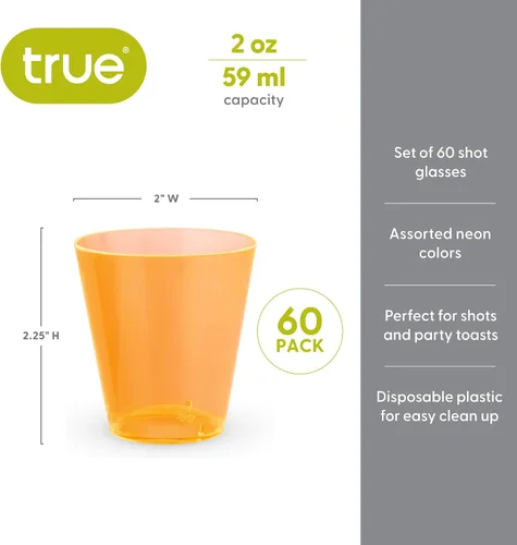 Miniatura 3 de True Vasos de chupito de plástico multicolor neón para fiestas, vasos desechables para beber al aire libre, colores surtidos, 2 onzas, juego de 60