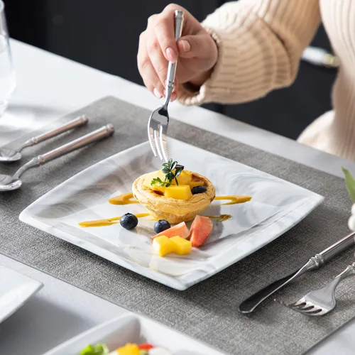 Miniatura 5 de MALACASA Juego de platos y cuencos, juego de vajilla de porcelana de 12 piezas para 4, platos cuadrados y cuencos para postre, ensalada y sopa