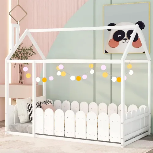 Miniatura 3 de MERITLINE Cama de casa para niños, cama de piso completa de madera con techo y valla, cama de casa completa Montessori para niños, adolescentes