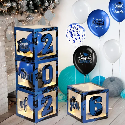 Miniatura 6 de Woanger 44 piezas de decoración de caja de graduación 2026 – Juego de cajas de fiesta de graduación de felicitaciones con cuerdas de luz LED y Azul